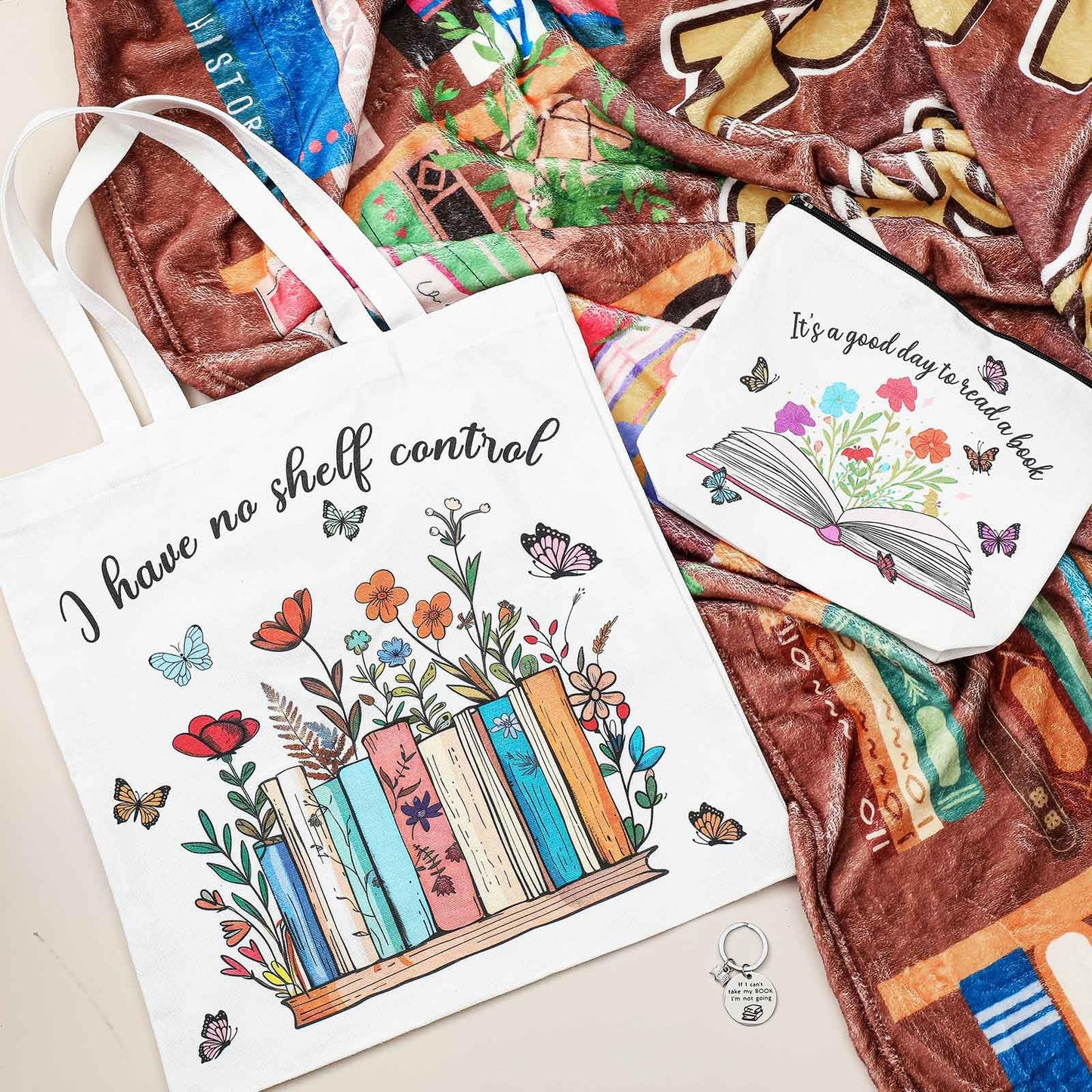 Paterr 6 Pcs Book Lover Gifts for Women, Mother's Day Book Club Gifts for Bookish, Canvas Tote Bag Makeup Bag Print Blanket Socks 16oz Glass Coffee Cup with Straw Cute Keychain for Librarian Birthday