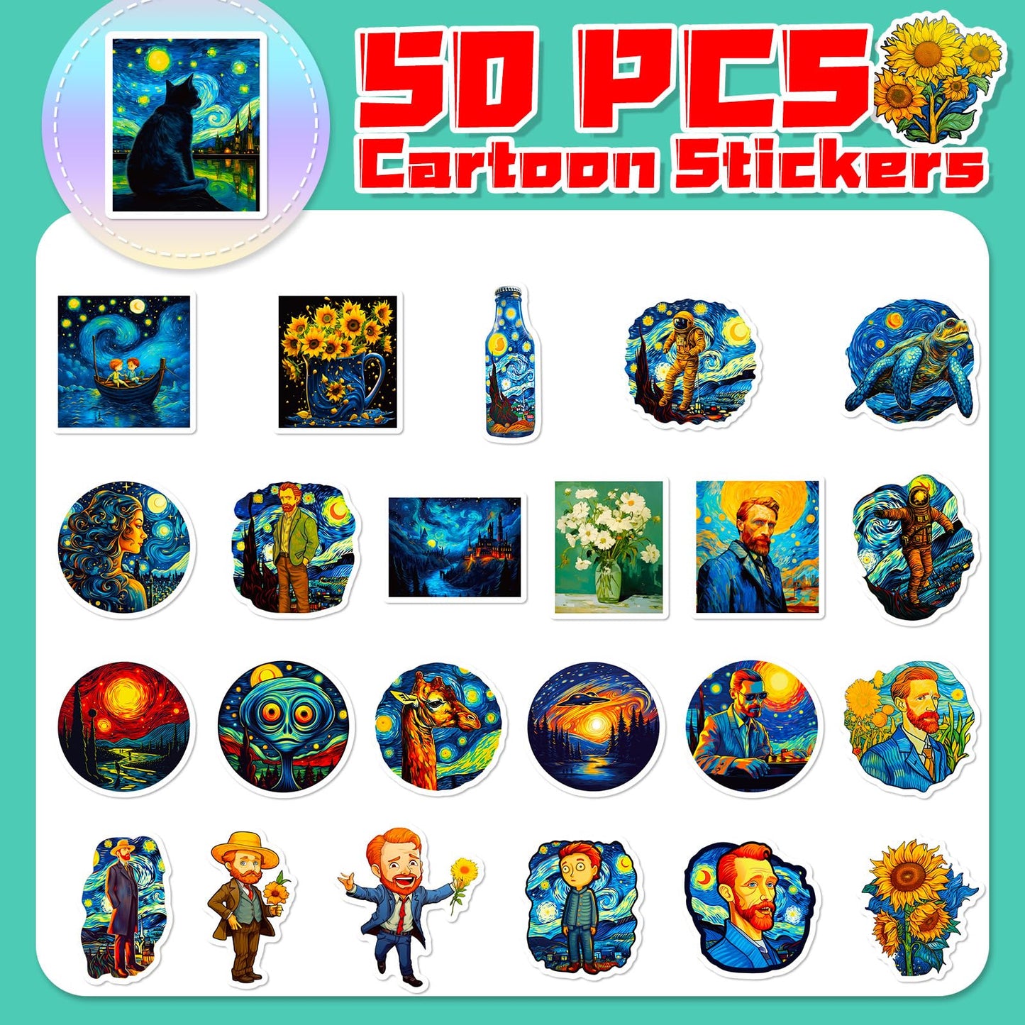 Yoksas 50Pcs Van Gogh Starry Night Artistic Small Stickers - Vinyl Waterproof Aesthetics Sunflowers Oil Painting Stickers for Water Bottles,Scrapbook,Laptops,Luggage,Journals