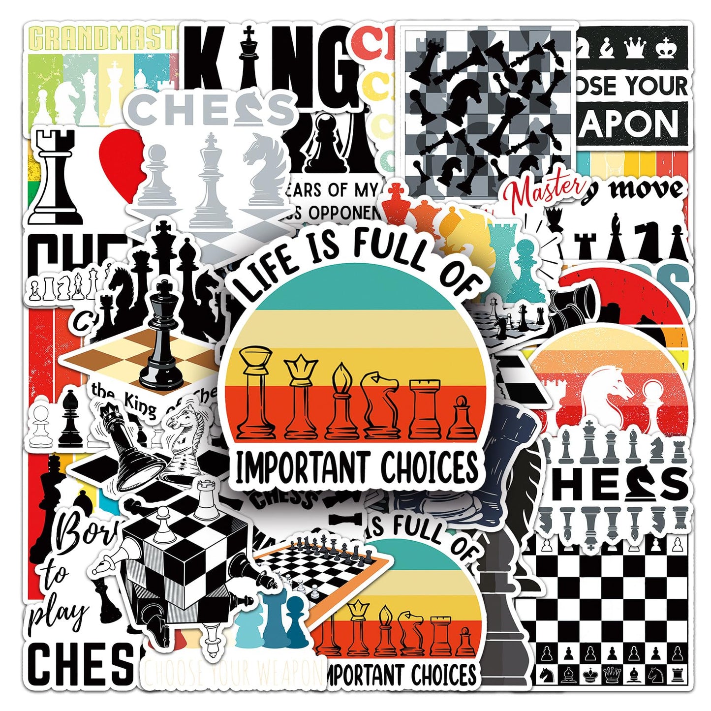 50 Pcs Unique Chess Stickers, 1.5-3 Inches Waterproof Vinyl Decals for Journals, Locker, Room Decor, Ideal for Chess Lovers Kids Adults