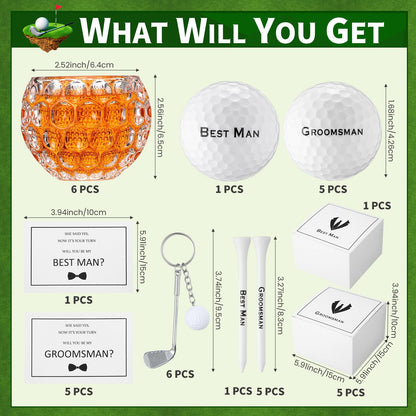Funnymoom 36 Pcs Golf Groomsman Proposal Gift Box Set of 6, Golf Ball Tees Keychain Whiskey Glass with Invitation Cards Accessories for Wedding Best Men DIY Gifts
