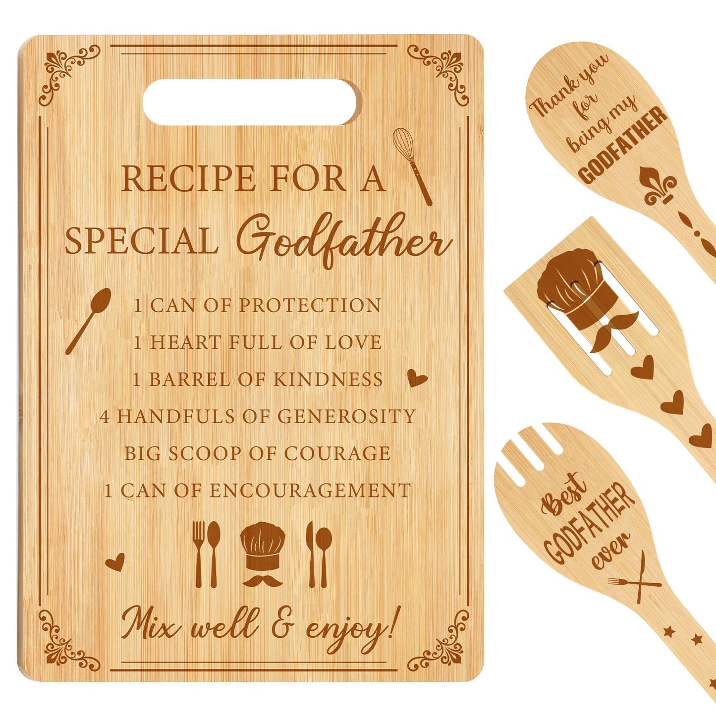 Vesici Godfather Proposal Gifts, Godfather Gifts from Godchild Goddaughter Godson Bamboo Cutting Boards Soup Spoon Spatula for Kitchen Father's Day, Birthday
