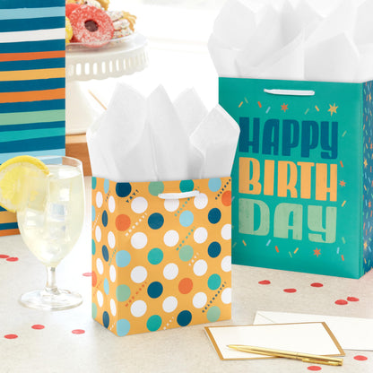 Hallmark Teal and Yellow Birthday Gift Bag Assortment (8 Bags: 3 Small 6", 3 Medium 9", 2 Large 13") Dots, Stripes, Happy Birthday
