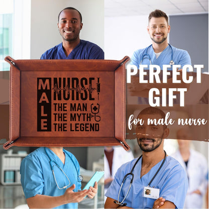 INNObeta Male Nurse Gifts Valet Tray for Men, Desktop Storage Organizer PU Leather Bedside Tray Key Coin Holder for Birthday - The Man The Myth The Legend