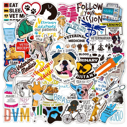 50 Pcs Funny Veterinary Stickers and Decals, Cute Veterinarians Vinyl PVC Waterproof Stickers for Water Bottle Skateboard Luggage Laptop Computer Phone, Vet Tech Party Supplies for Teens Adults