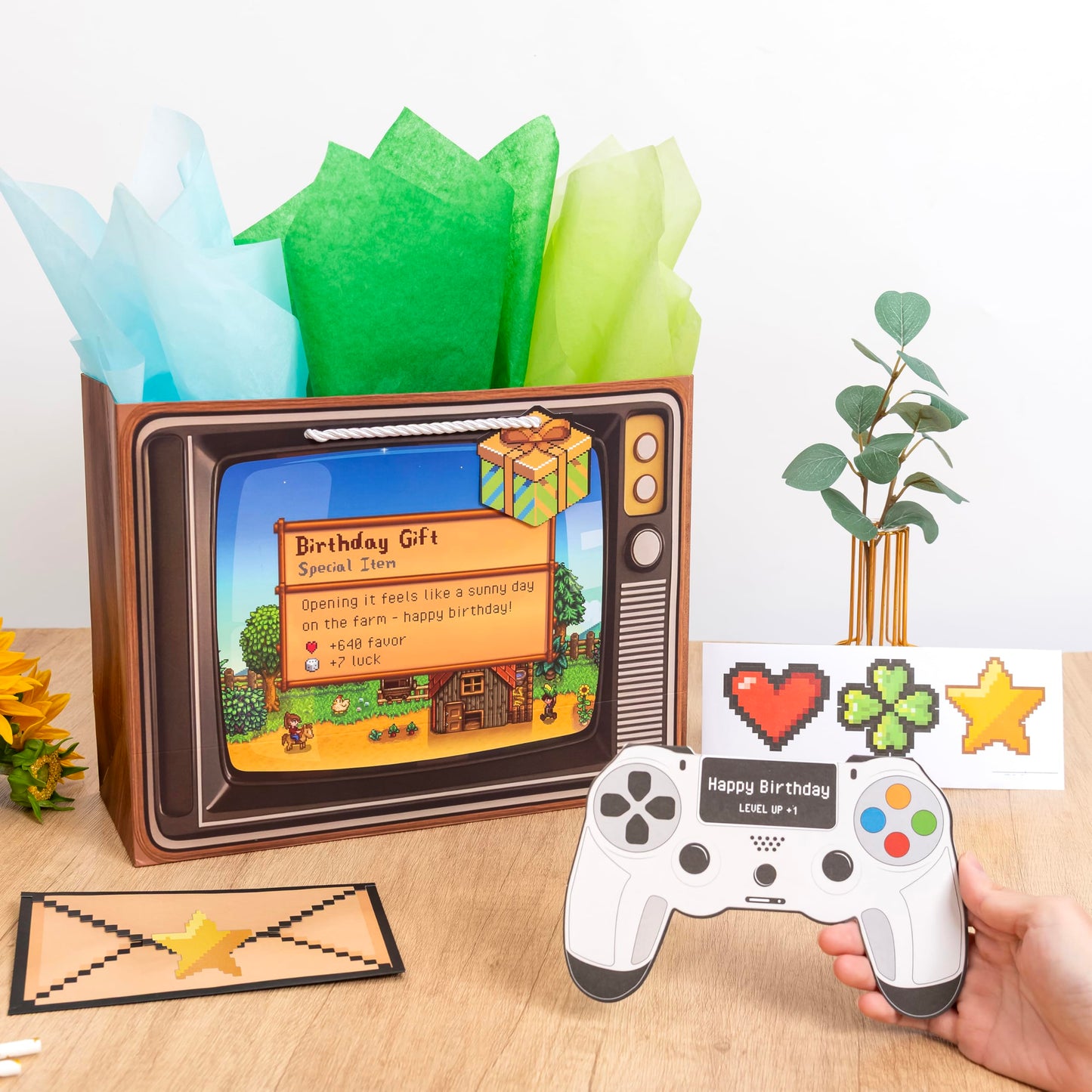 Crisky Gamer Birthday Gift Bag Set – Pixel Art Design with Greeting Card, Tissue Paper & Stickers | for Boys, Men, Video Game Party Favors & Decorations, 13 inch