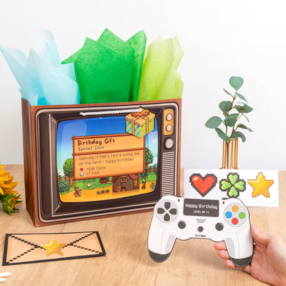 Crisky Gamer Birthday Gift Bag Set – Pixel Art Design with Greeting Card, Tissue Paper & Stickers | for Boys, Men, Video Game Party Favors & Decorations, 13 inch