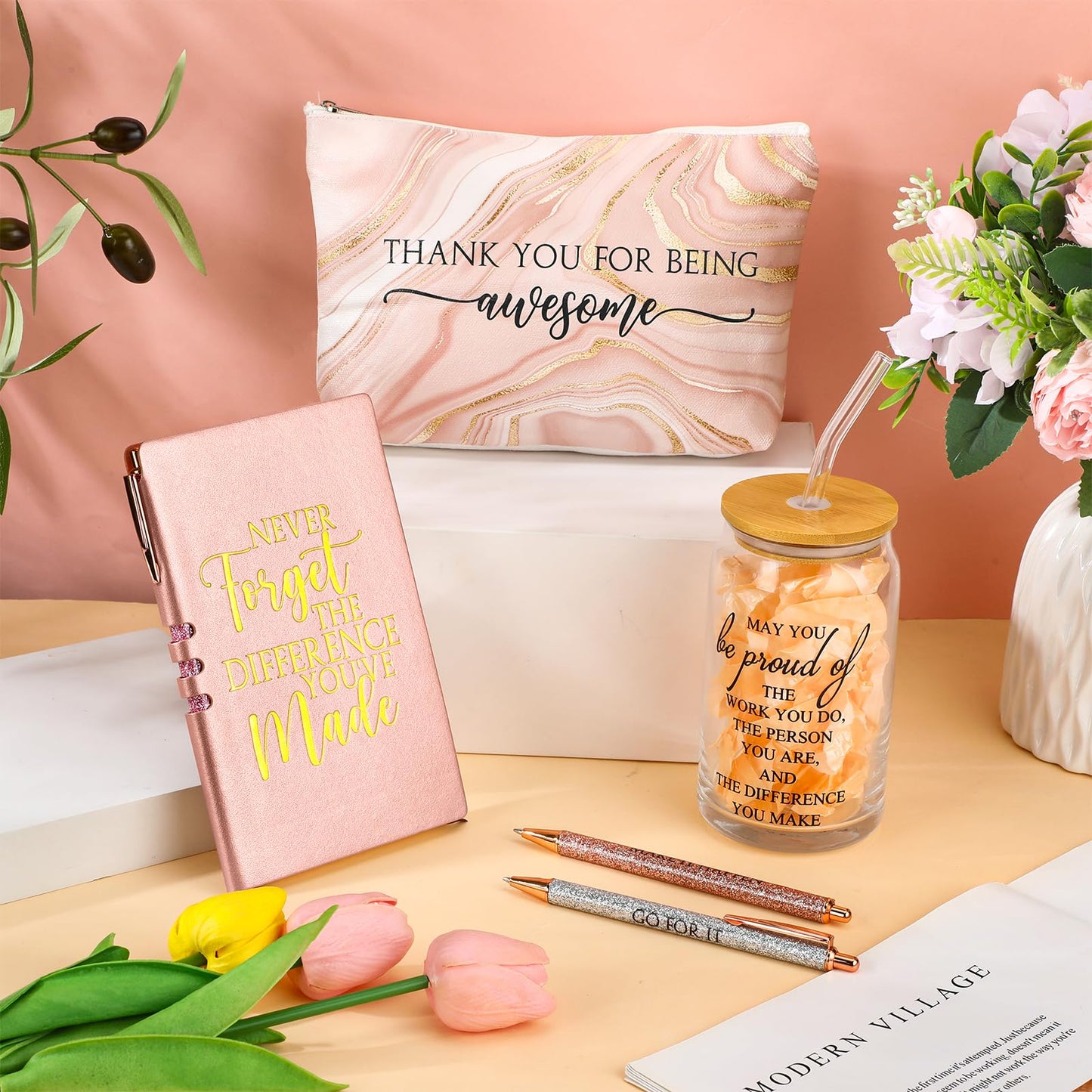 Funnymoom 6 Pcs CNA Week Gifts Bulk 2026 Nursing Assistant Appreciation Gifts for Women Difference Maker 17oz Glass Cup Makeup Bag Journal for Employee Coworker Graduation Favors(Marble,Pink)
