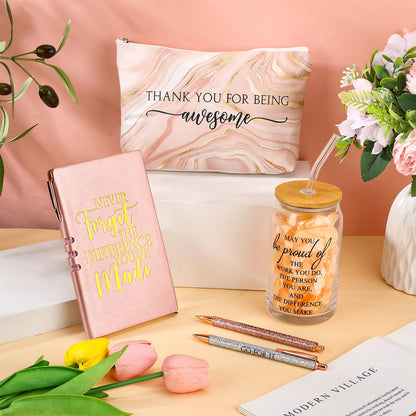 Funnymoom 6 Pcs CNA Week Gifts Bulk 2026 Nursing Assistant Appreciation Gifts for Women Difference Maker 17oz Glass Cup Makeup Bag Journal for Employee Coworker Graduation Favors(Marble,Pink)