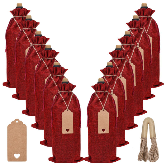 EVRWO Burlap Wine Bags 12 Pcs Wine Bottle Gift Bags With Drawstrings Tags & Ropes for Holiday Weedings Party, Birthdays, Travel, Blind Tastings, Home Storage 750ml Reusable (Burgundy)