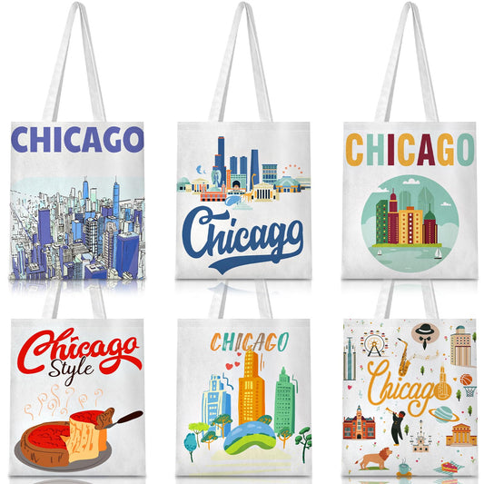 Paterr 6 Pcs Chicago Canvas Tote Bag Watercolor Chicago City Souvenir Gift Souvenir Women Travel Gifts Grocery Shopping Bag Christmas Party Favors