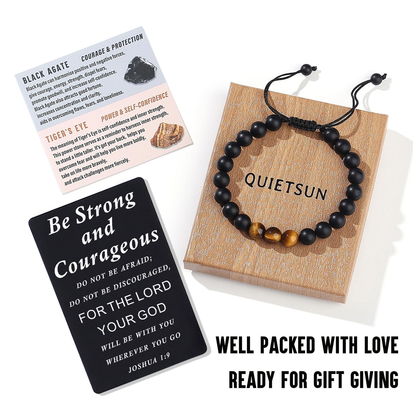 Quietsun Cool Gifts for Teen Boys/Men-Natural Gemstone Bracelet with Meaningful Metal Wallet Card in Gift Box