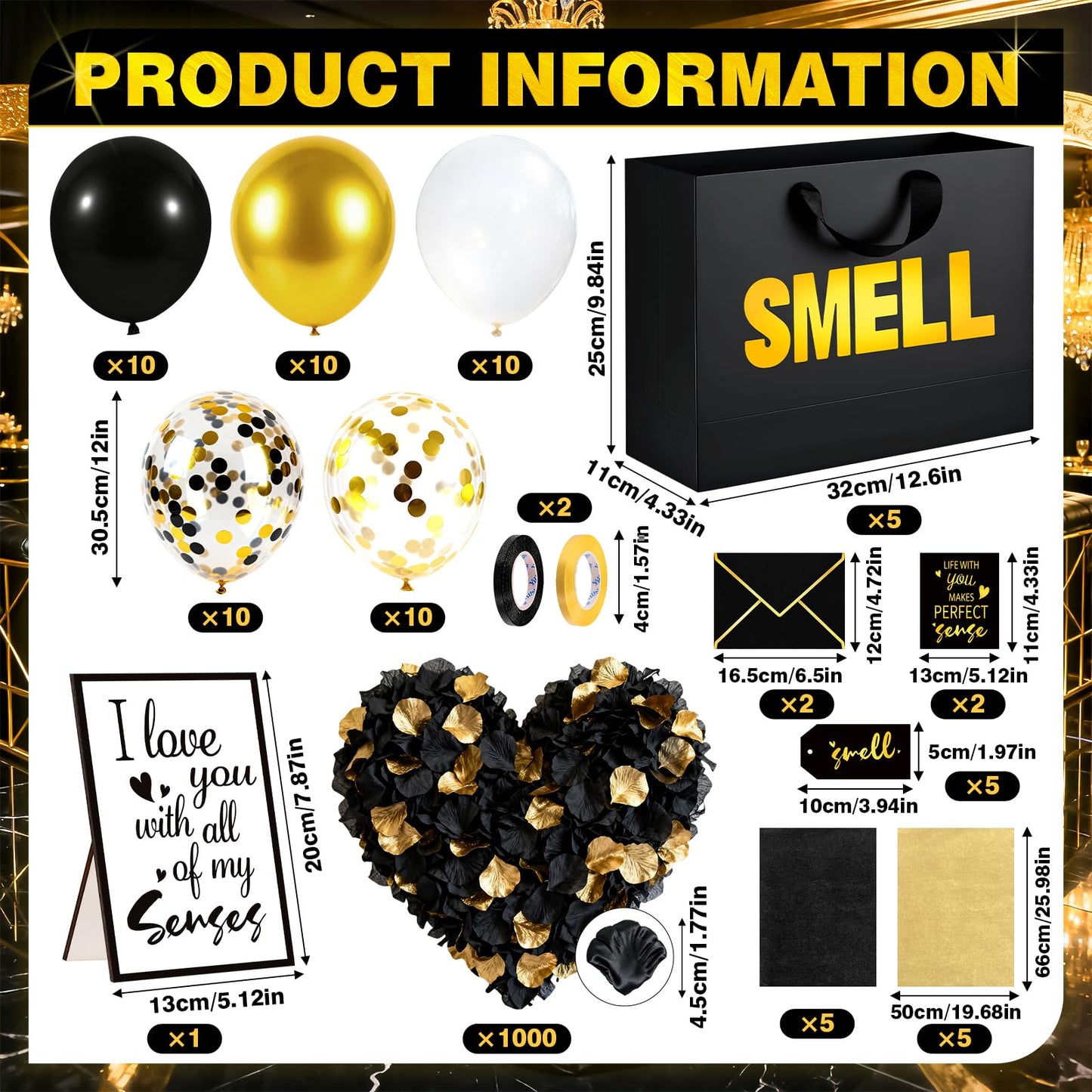 5 Senses Gift Bags for Him with Labels Tissue Paper, Five Senses Party Decoration Rose Petals Black Gold Balloons Greeting Card and Sign Holder Stand for Husband Boyfriend Birthday Party Decor