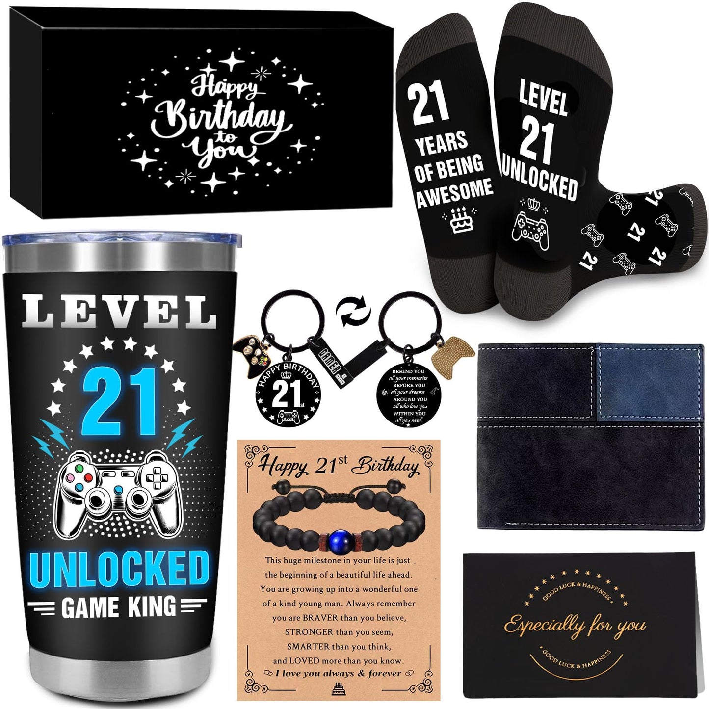 21st Birthday Gifts for Him, Funny Gift for 21 Year Old Male with 20 Oz Tumbler Card Keychain Bracelets Wallet, Cool Happy 21st Birthday Decorations for Teenage Son Nephew Boyfriend Grandson Brother