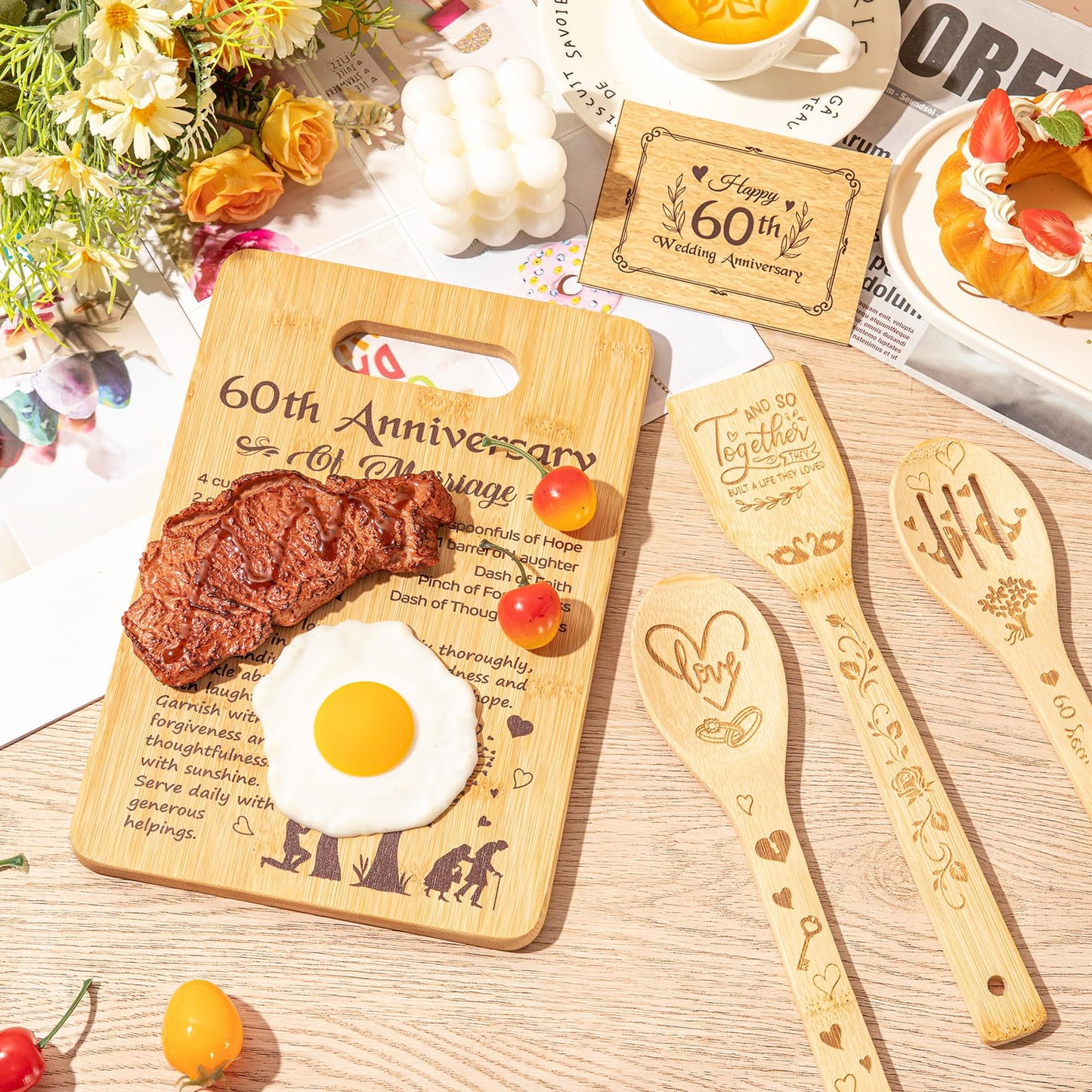 5 Pcs Wedding Kitchen Serving Board Set Anniversary Married Gifts for Women Men Husband Wife Parents Couple Pearl Ruby Golden Diamond Anniversary-recipe for a Happy Marriage(60th)