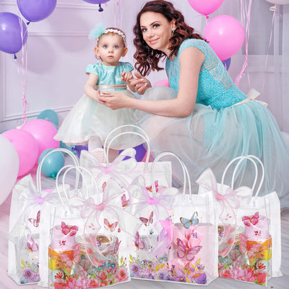Hosuly 24 Pcs Butterfly Gift Bags with Ribbon, Clear PVC Spring Butterfly Treat Bags with Handles, Reusable Pink Purple Transparent Favor Bag for Wedding, Baby Shower, Birthday, Theme Party