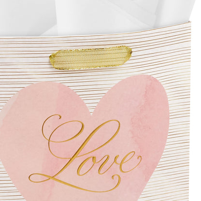 Hallmark 9" Medium Gift Bag with Tissue Paper (Love Pink and Gold Heart) for Valentine's Day, Weddings, Engagements, Bridal Showers