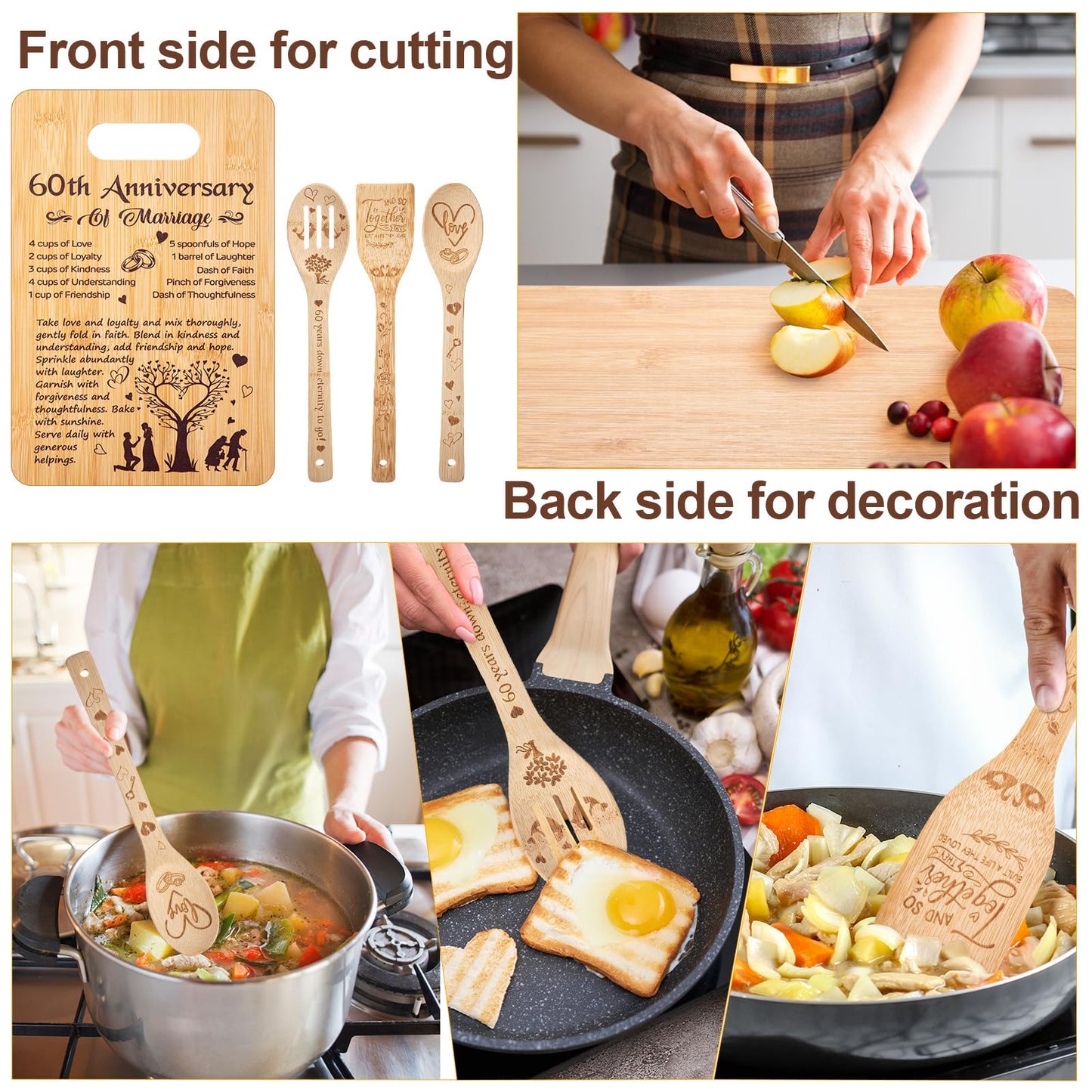 5 Pcs Wedding Kitchen Serving Board Set Anniversary Married Gifts for Women Men Husband Wife Parents Couple Pearl Ruby Golden Diamond Anniversary-recipe for a Happy Marriage(60th)