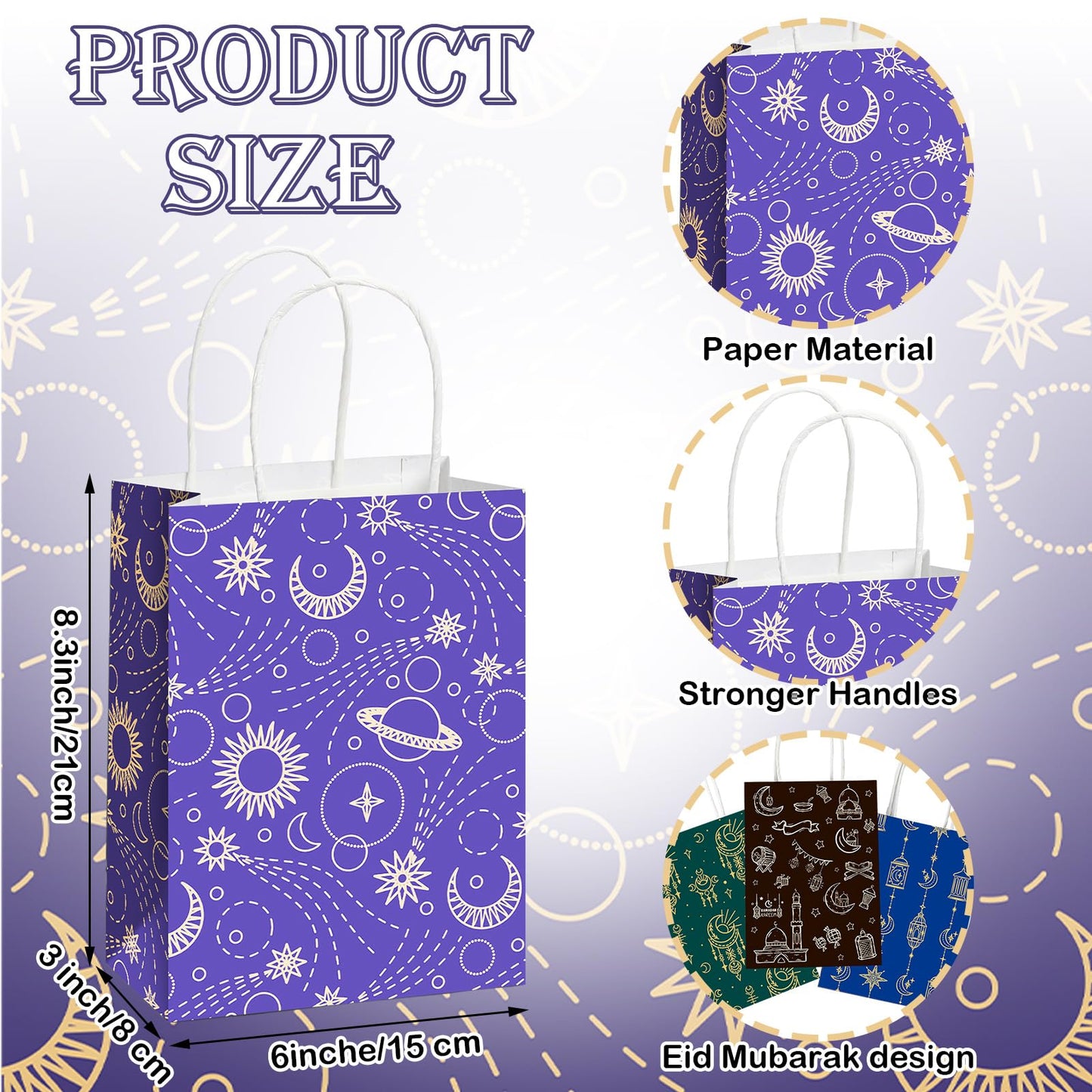 Epakh 24 Pcs Eid Mubarak Paper Gift Bags with Handle Ramadan Goodies Bags Moon Stars Lantern Ramadan Kareem for Islamic Muslim Party Favor Al Fitr Party