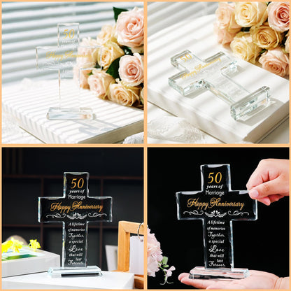 YWHL 50th Wedding Anniversary Religious Cross Gifts for Women Men, 50 Year Anniversary Romantic Gift for Him Her, Laser Engraved Glass Standing Cross Keepsake for Couple, 50 Years of Marriage Present