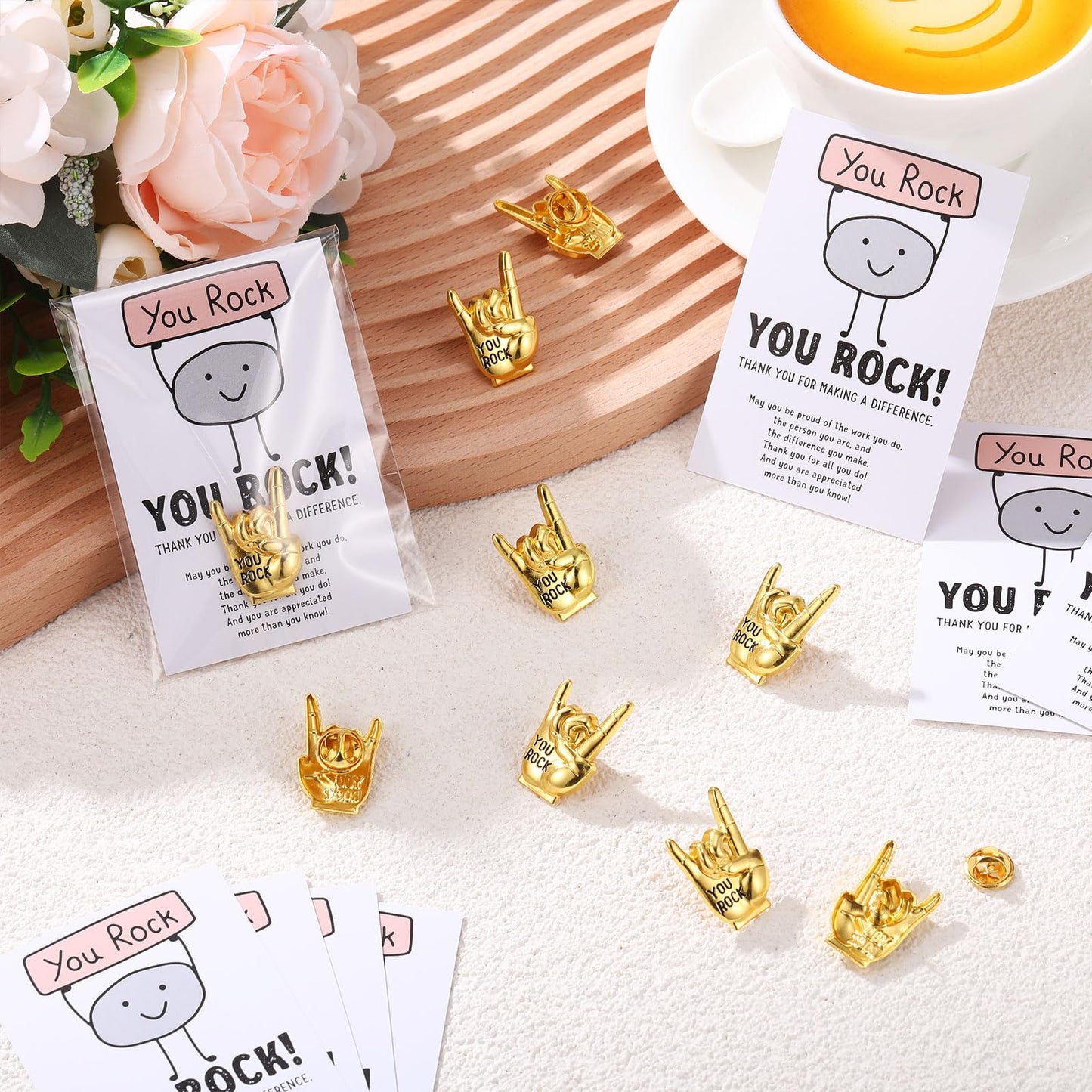 Zeyune You Rock Enamel Pins Employee Appreciation Gifts Bulk You Rock Gifts for Coworkers Office Staff Work Team Teacher Funny Employee of The Month Lapel Pin Thank Cards Bags