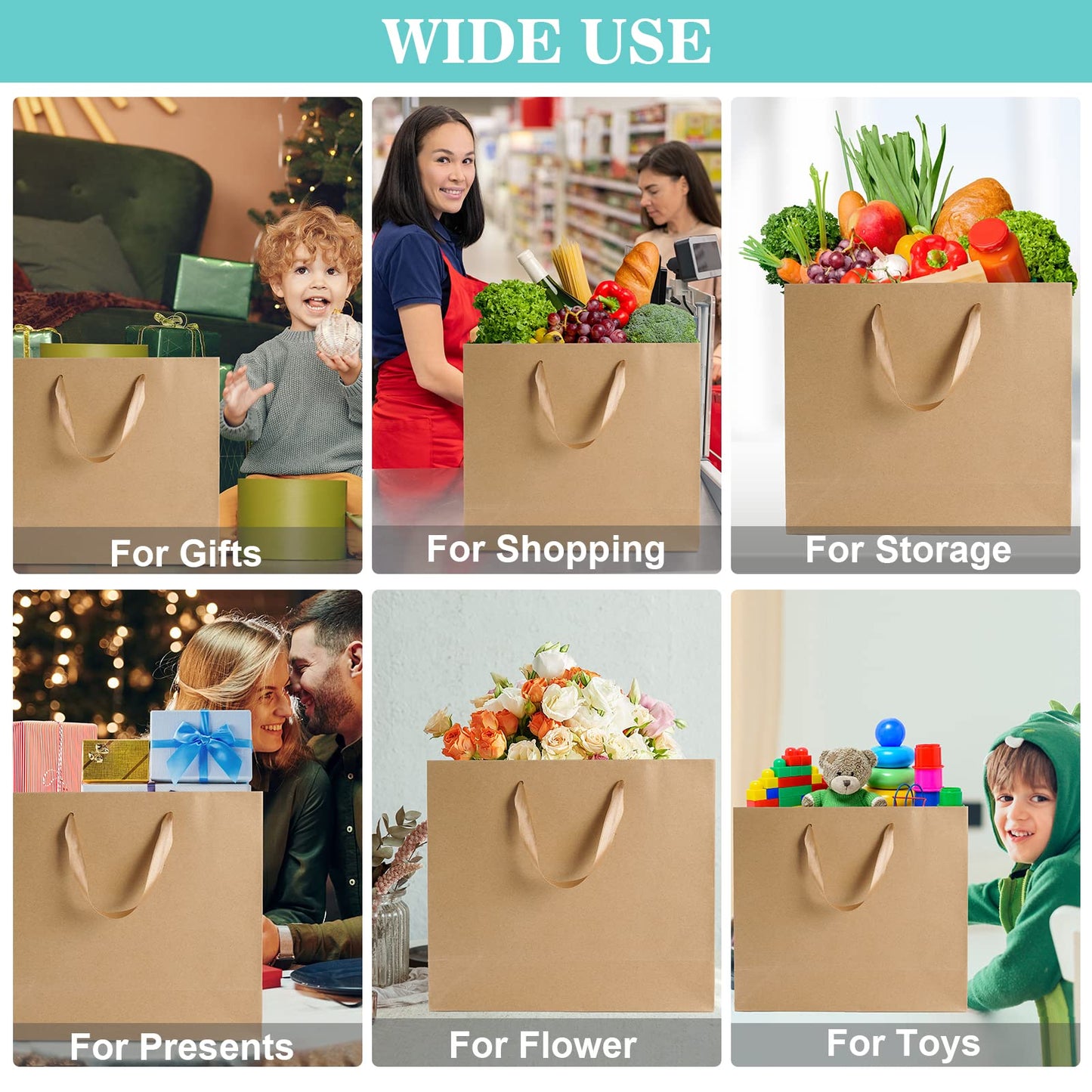15.7" Extra Large Brown Gift Bags for Presents with Tissue Paper & Ribbon Handles for Shopping, Small Business, Birthday Party, Baby Shower, Bridal Party, Wedding, Christmas and Holiday (12 Packs)