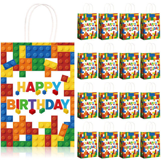 Marspark 16 Pcs Building Block Party Present Bags Color Bricks Theme Treat Kraft Paper Goodie Favor Bag with Handle for Birthday Baby Shower Building Block Party Supplies Decorations(White Background)
