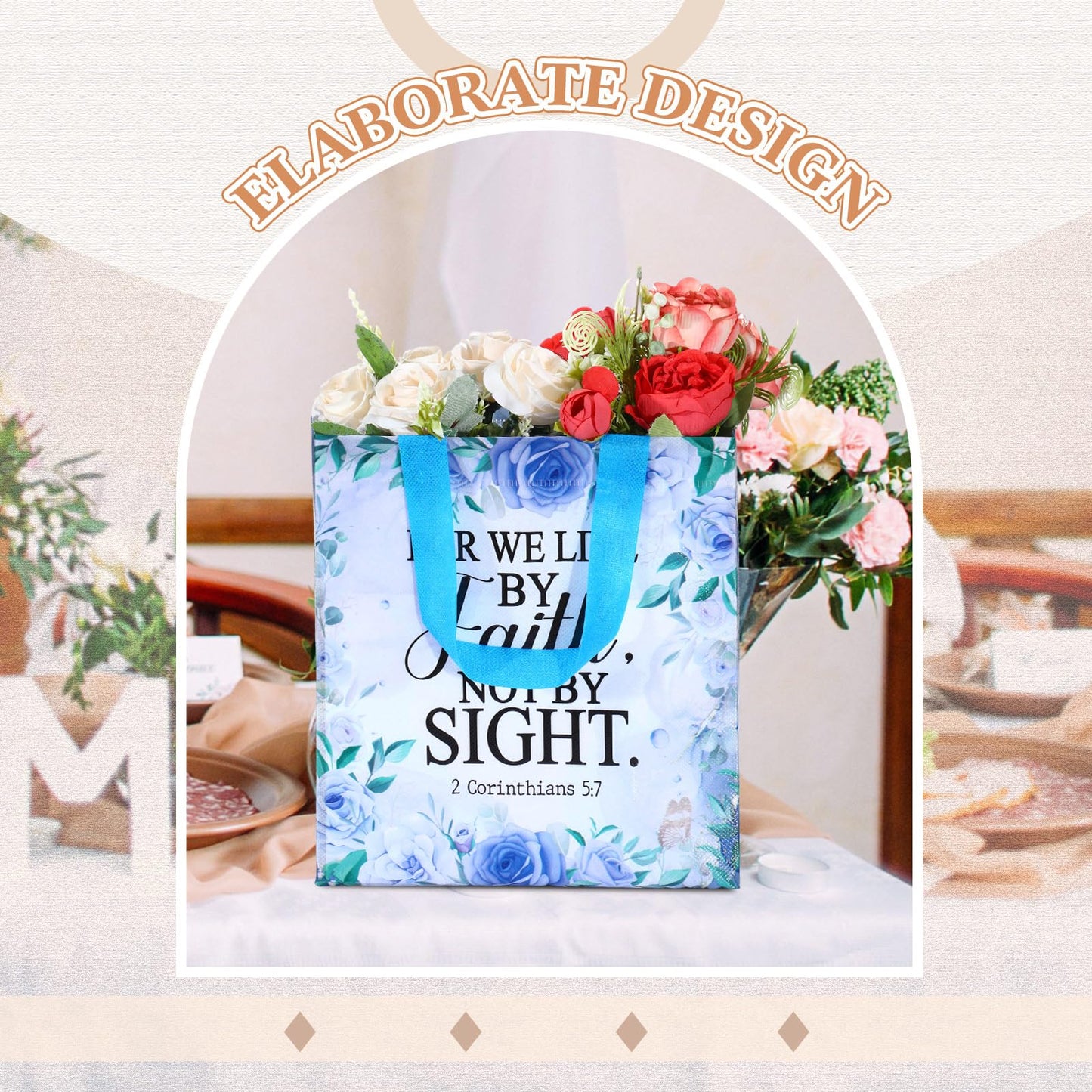 Riakrum 32 Pcs Religious Gift Bags Bulk for Women, Non Woven Christian Gift Bag with Handle, Reusable Flower Religious Baptism Bible Verse Tote for Eid Easter Catholic Theme Party Favors