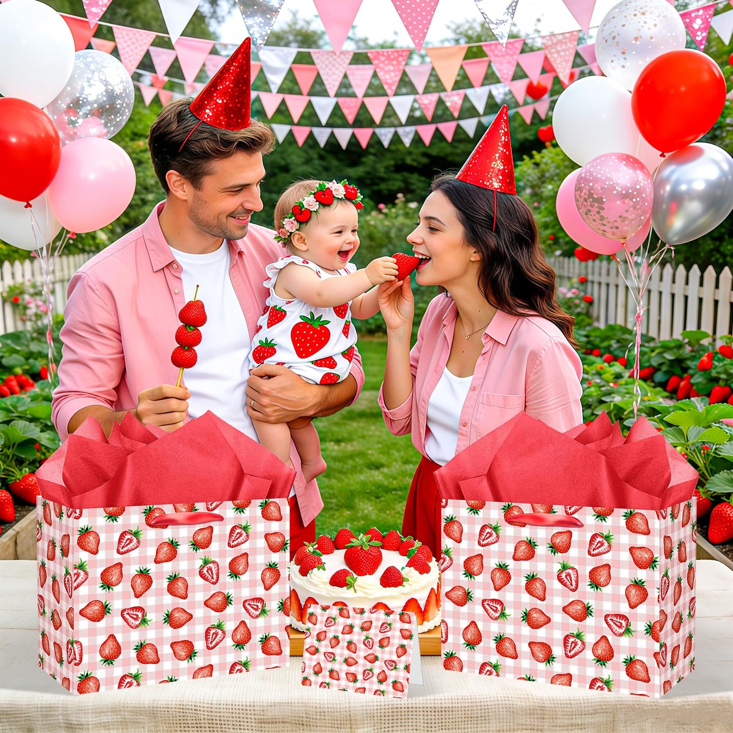 Strawberry Gift Bag with Red Tissue Paper & Card Pink Gingham Plaid Gift Wrapping Bag - Berry Sweet Theme Party Supplies for Women Teen Girls 1st Birthday, Baby Shower, Bridal Shower Summer Picnic