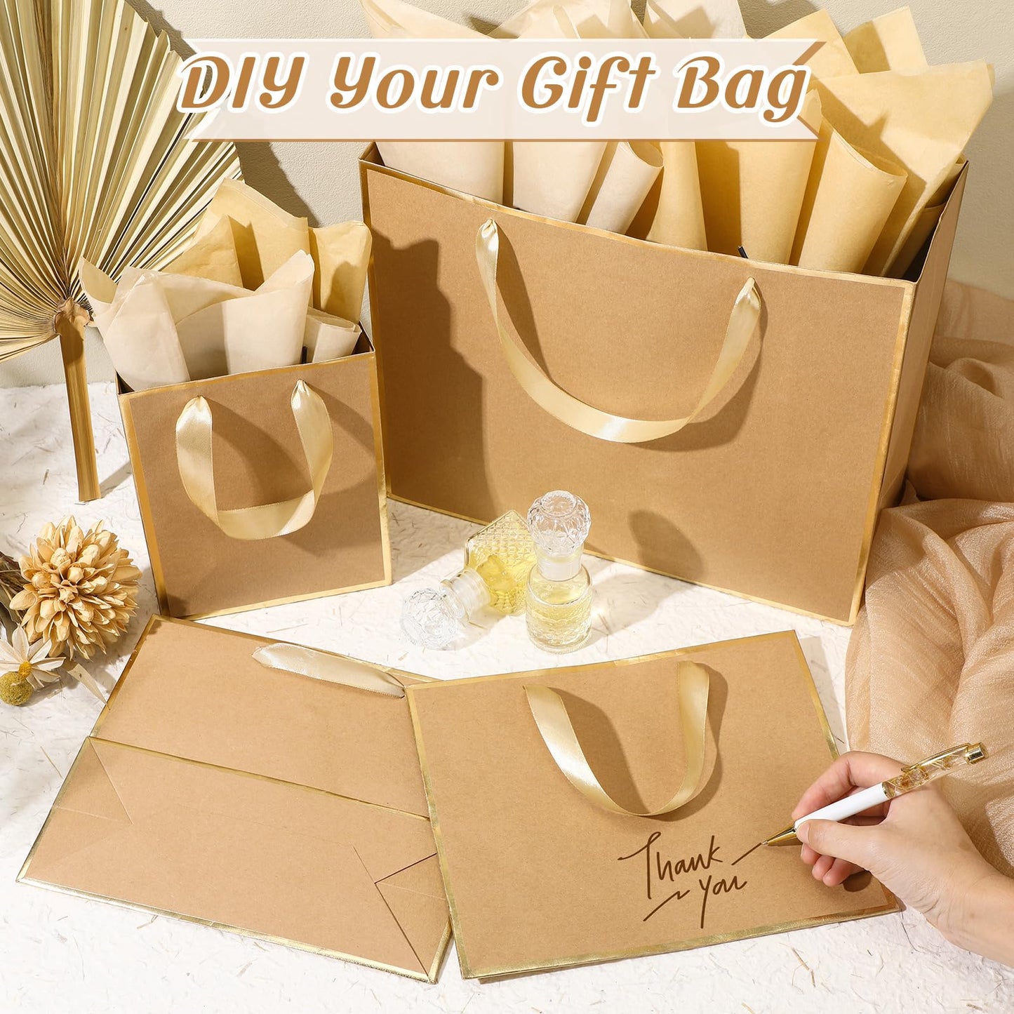 Yeaqee 12 Pcs Metallic Paper Gift Bag with Handle Tissue Paper Assorted Size Include 8" 10" 13" Thank You 5 Senses Gift Bag for Him Her Birthday Wedding Groomsmen Bridesmaid(Kraft,Gold)