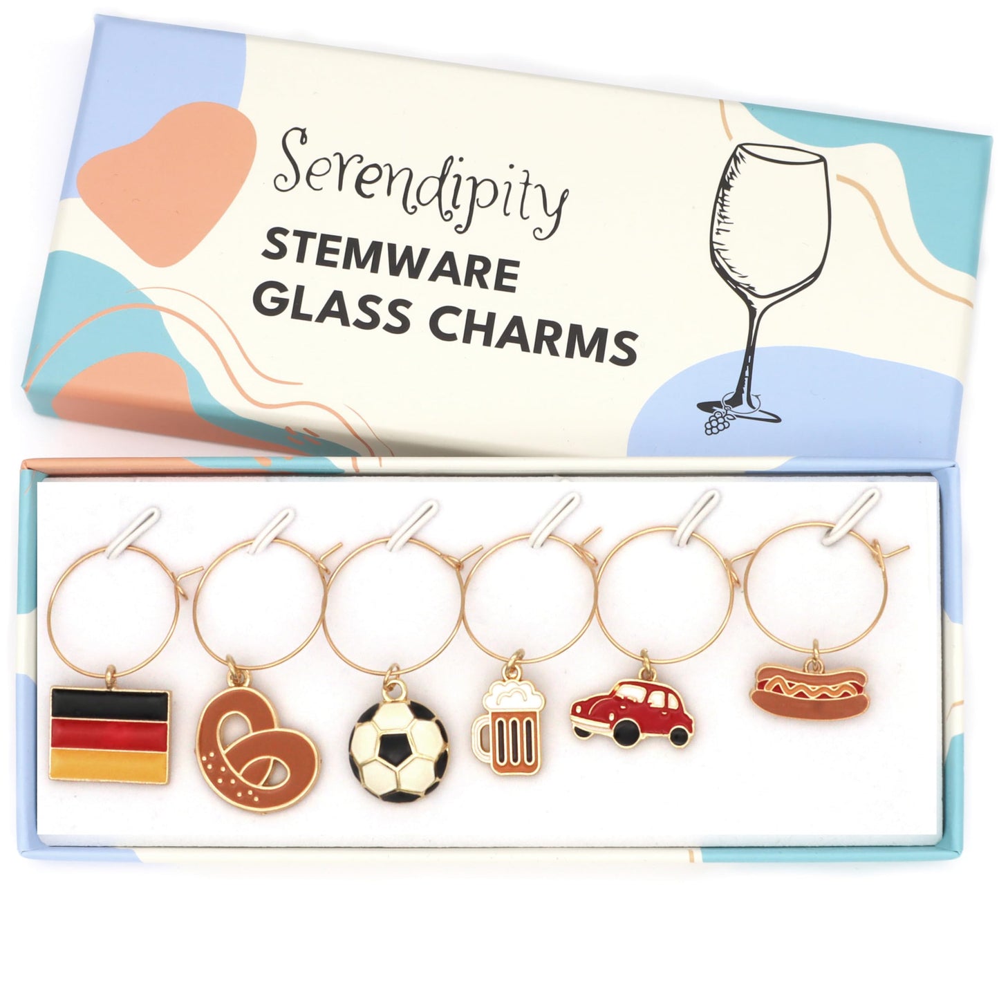 Serendipity Germany Wine Glass Charms, Gift for Germans, German Inspired Glass Identifiers, Set Include 6 charms: Flag of Germany, Beer Mug, Pretzel, Car, Soccer Ball and Sausage