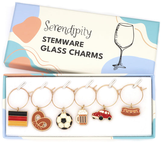 Serendipity Germany Wine Glass Charms, Gift for Germans, German Inspired Glass Identifiers, Set Include 6 charms: Flag of Germany, Beer Mug, Pretzel, Car, Soccer Ball and Sausage