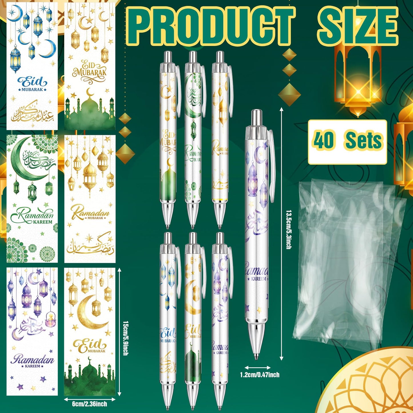 120 Pcs Ramadan Gifts Eid Mubarak Pens Bulk Include Retractable Ballpoint Pens Cards Greeting Gift Bags for Eid Party Favors Muslim Gifts Bulk Islamic Goody Bag Stuffers
