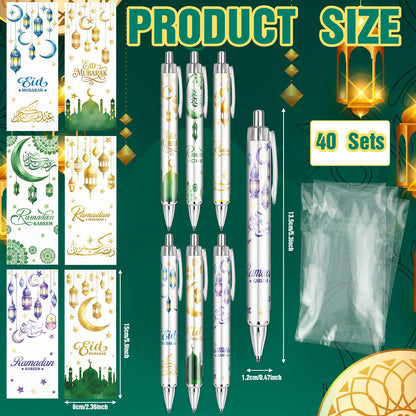120 Pcs Ramadan Gifts Eid Mubarak Pens Bulk Include Retractable Ballpoint Pens Cards Greeting Gift Bags for Eid Party Favors Muslim Gifts Bulk Islamic Goody Bag Stuffers