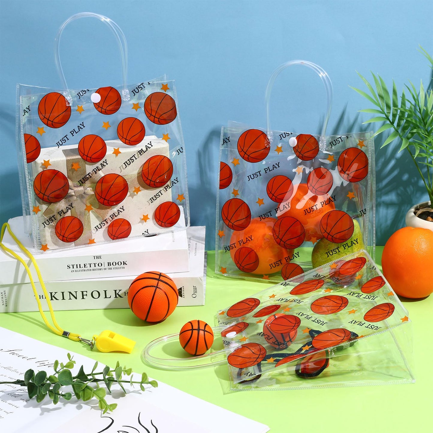 AUGSUN Basketball Themed PVC Clear Tote Bags, 28 Pack Basketball Gift Bags with Handles, Sport Snack Bags for Party Favors, Snacks, and Sports Events