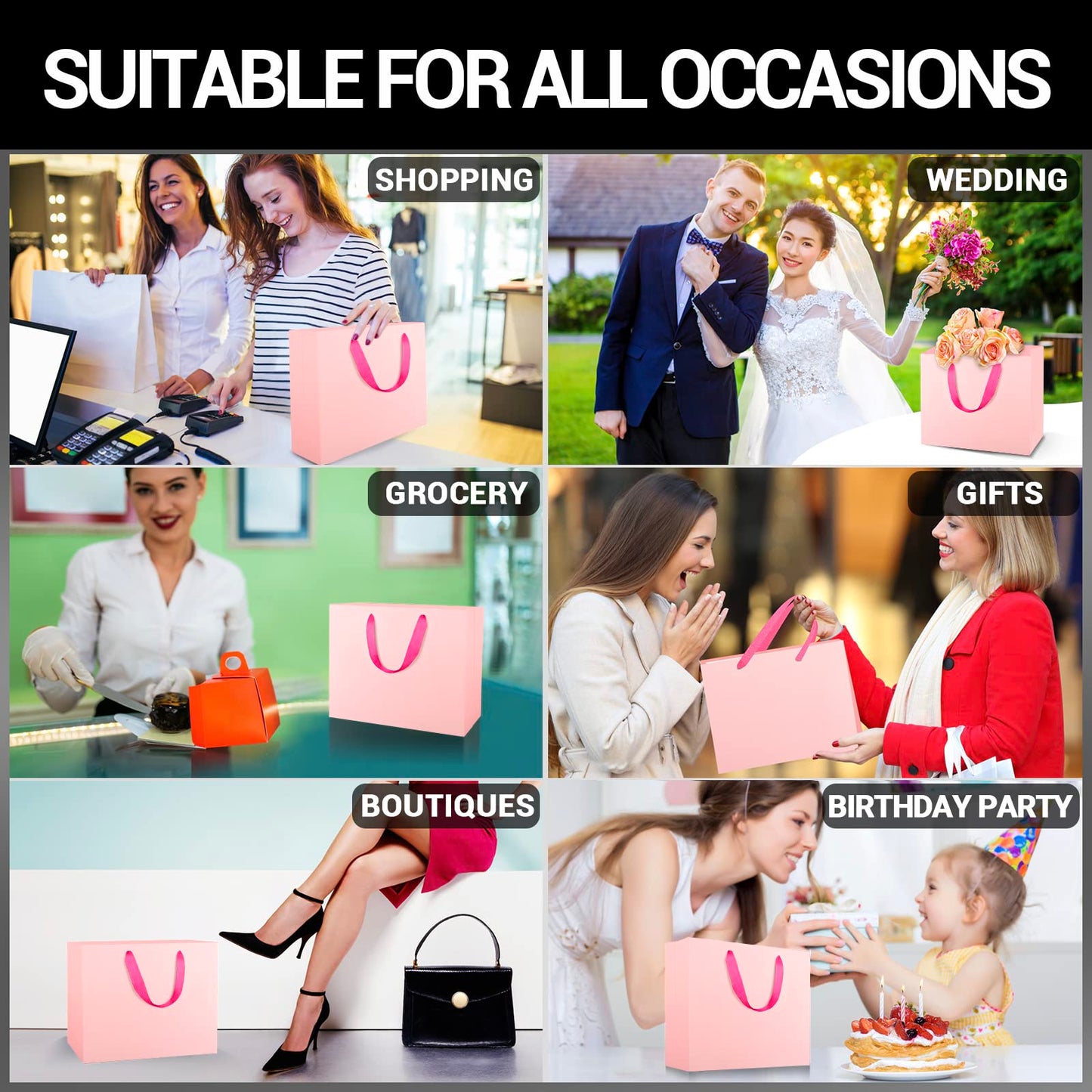 EUSOAR Small Pink Gifts Wrap Bags, 50 Pack 8.6x3.9x7 inches Shopping Bags with Handles Bulk, Party Favor Wrapping Bags for Wedding, Craft Grocery, Boutique, Retail, Business