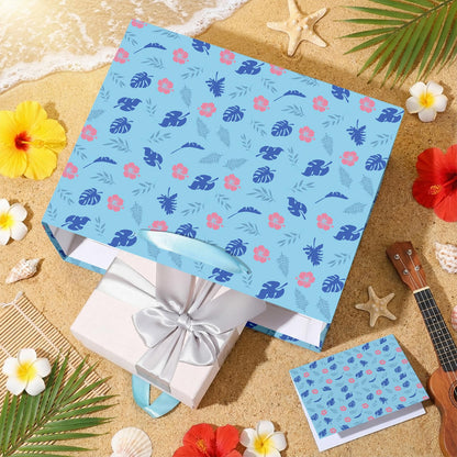 Wayyogh Hawaiian Gift Bag Cute Cartoon Blue Pink Hibiscus Party Gift Bags with Wrapping Tissue Paper and Greeting Card Hawaiian Wrapping Paper for Birthday Baby Shower Holiday Party Supplies