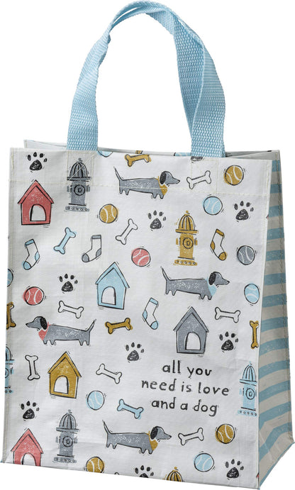 Primitives by Kathy All You Need Is Love And A Dog Daily Tote Bag, double-sided,"All You Need Is Love And A Dog" sentiment with all-over dog themed block print design/complementing blue straps