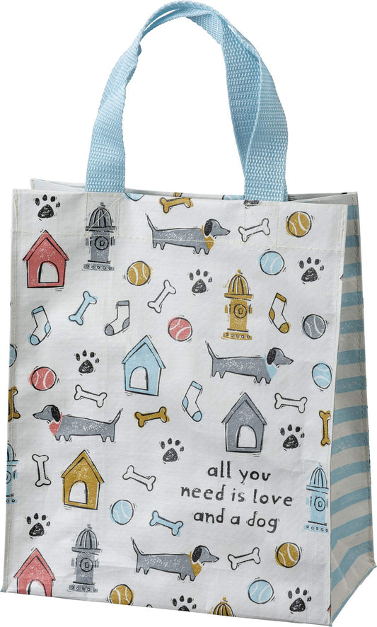Primitives by Kathy All You Need Is Love And A Dog Daily Tote Bag, double-sided,"All You Need Is Love And A Dog" sentiment with all-over dog themed block print design/complementing blue straps