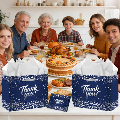 Large Thank You Gift Bag - Blue Silver Gift Wrapping Paper Bag with Tissue Paper and Greeting Card with Envelope - Elegant Silver Foil Design for Weddings, Baby Showers, Graduation, and Corporate Events