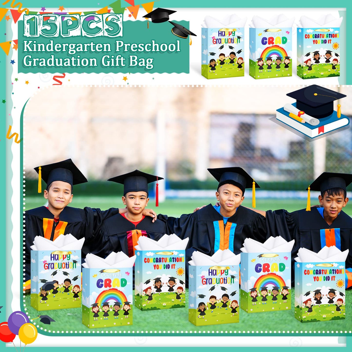Chunful 15 Pcs Preschool Graduation Gift Bag with Handle and Tissue Paper 11.5 x 5 x 9 Inches Kindergarten Gift Bag for Pre-k Graduation Supplies Gifts