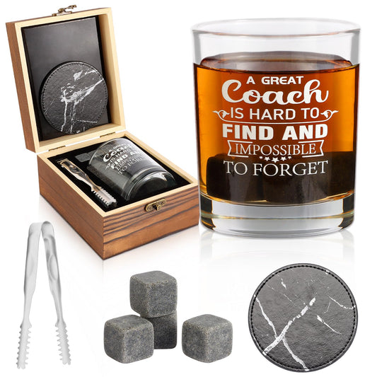 Whiskey Glass Gifts for Coaches, Best Coach Gift for Men, Thank You Gifts for Coaches with 12oz Whiskey Glasses, Stones, Coaster, Wooden Box for Baseball, Softball, Soccer, Basketball Coach