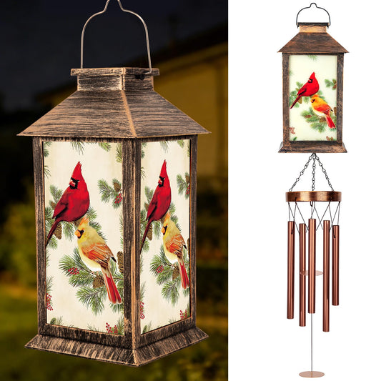 YHmall Cardinal Wind Chimes for Outside, 37" Hanging Memorial Solar Wind Chimes for Outside, Solar Lantern Christmas Cardinal Gifts for Women Mom Windchimes Outdoors for Patio Garden Decor Birthday