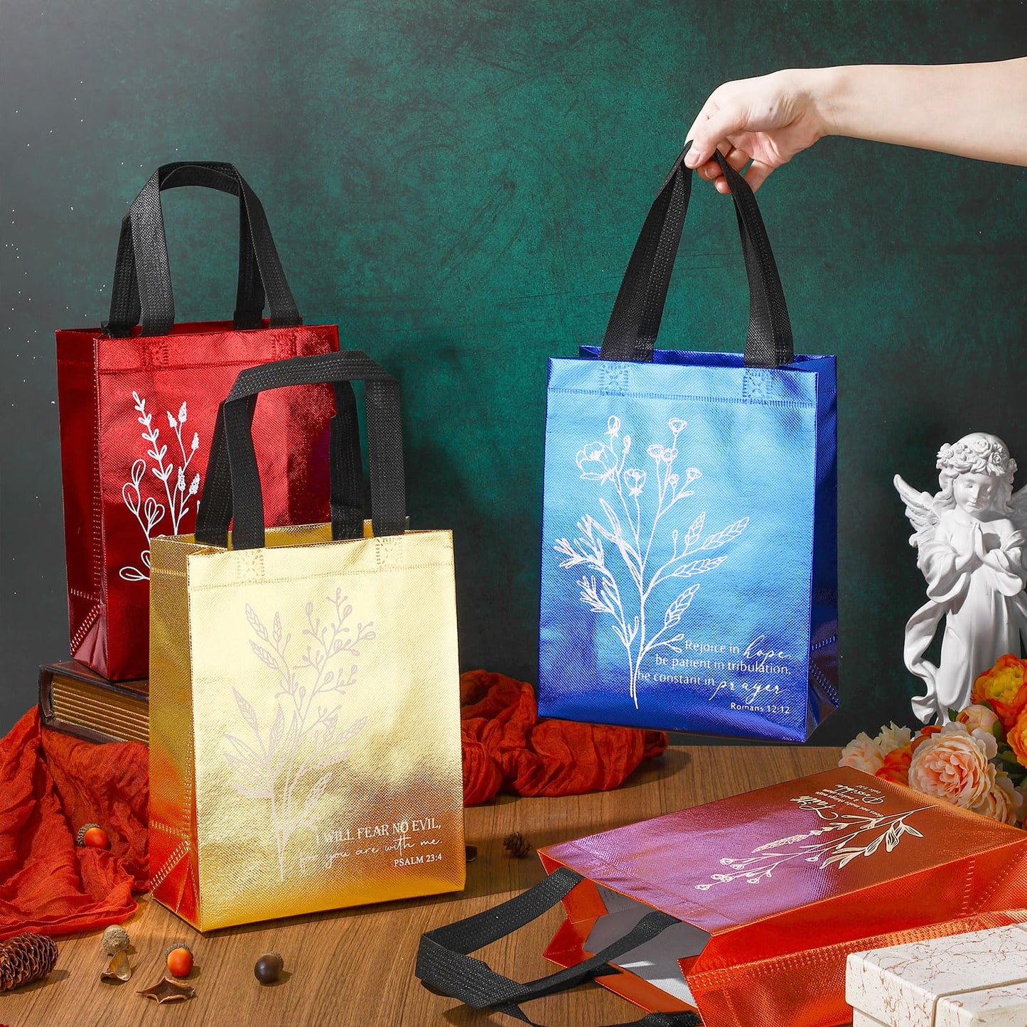 Sweetude 20 Pcs Christian Gift Bag Bulk, Reusable Church Welcome Totes with Handles, Medium Non Woven Floral Bible Verse Bag for Father's Day, Sunday School, VBS, Religious Event Favor (Multicolor)