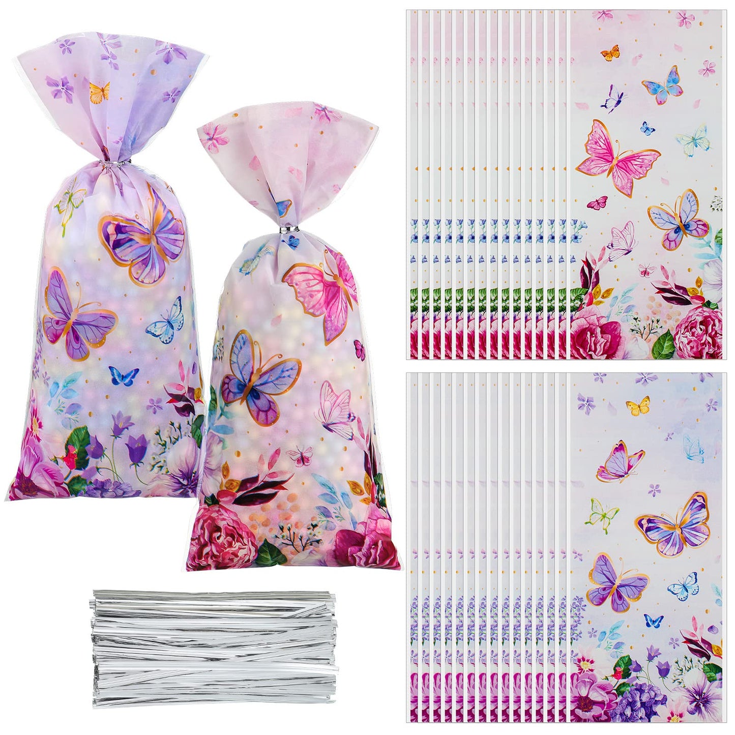 100 Pcs Butterfly Gift Bags - 10.8 x 5 Inch Butterfly Goodie Bags Cellophane Spring Flower Treat Candy Bag Party Favor Bag with 150 Twist Ties for Girls Butterflies Baby Shower Birthday Party Supplies