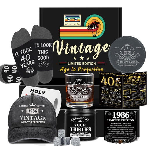 40th Birthday Gifts for Men, Unique Gift Ideas for 40th Birthday Men Who Have Everything, 1986 40 Year Old Birthday Gift Baskets for Man Whiskey Glass Baseball Cap Socks Toilet Paper