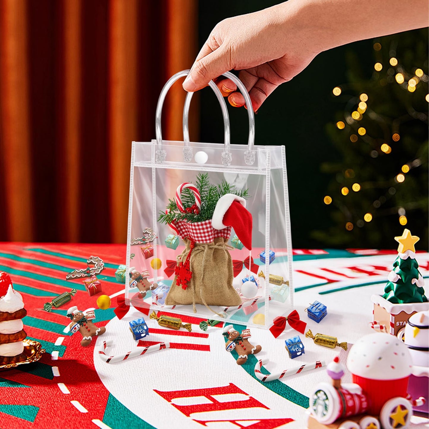 Okxiri 15 PCS Clear PVC Gift Bags with Handles,Small Reusable Plastic Party Favor Bags, Transparent Goodie Bags for Wedding,Baby Shower, Birthday (6.1" x 6.1" x 2.7")