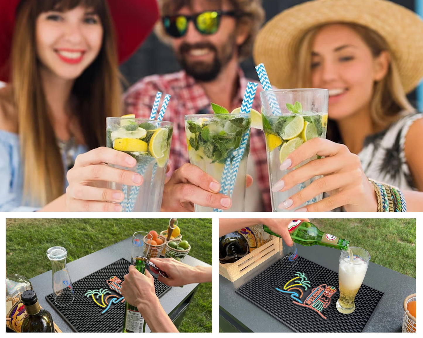 Welcome Tiki Bar Mat 18x12 in, Silicone Tiki Decor, Surfboard Welcome Sign Greeting, Tropical Home Accessories, Luau Party Decorations, Host Gift, Bar Cart Decor