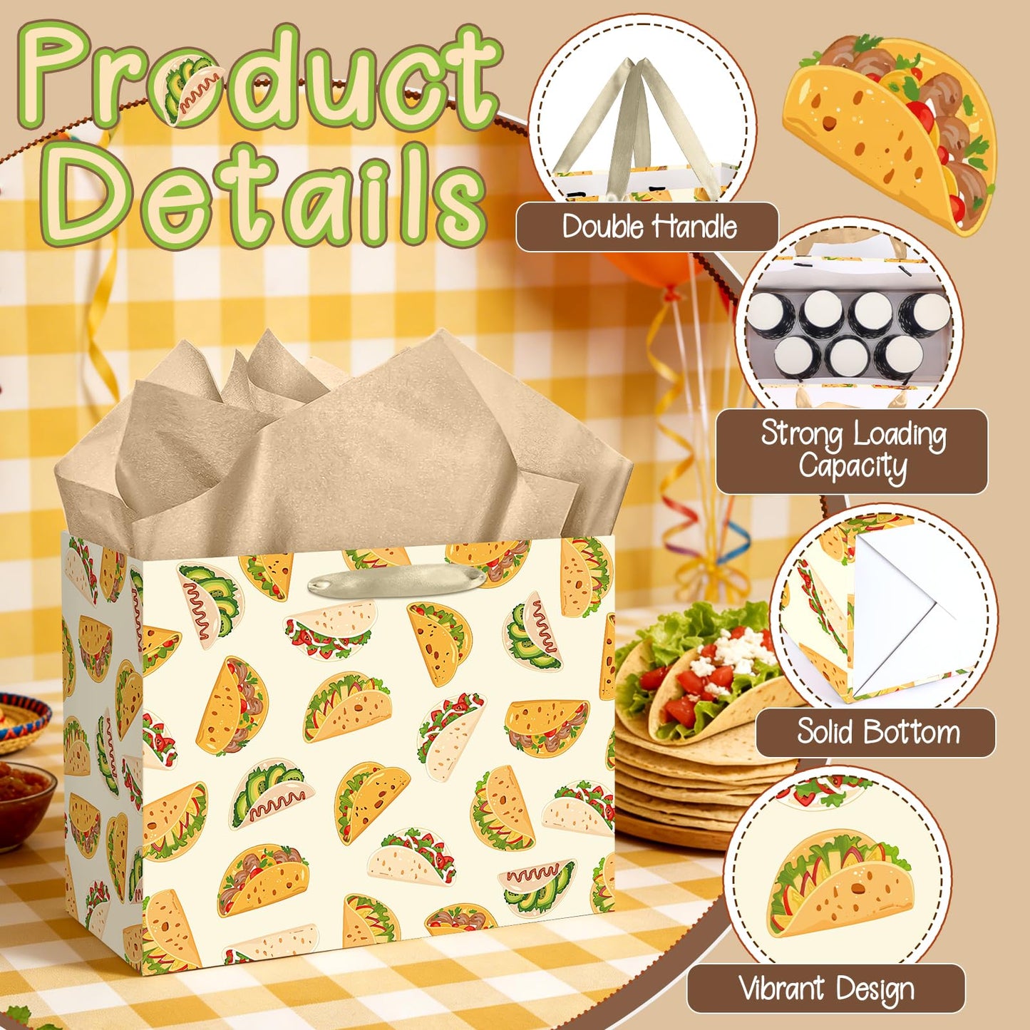 Peconal Taco Gift Bag Taco Mexican Fiesta Gift Wrapping Paper Bag with Handle Greeting Card Tissue Paper Mexican Food Party Favors Bag for Boys Girls Birthday Taco Tuesday Party Supplies Decorations