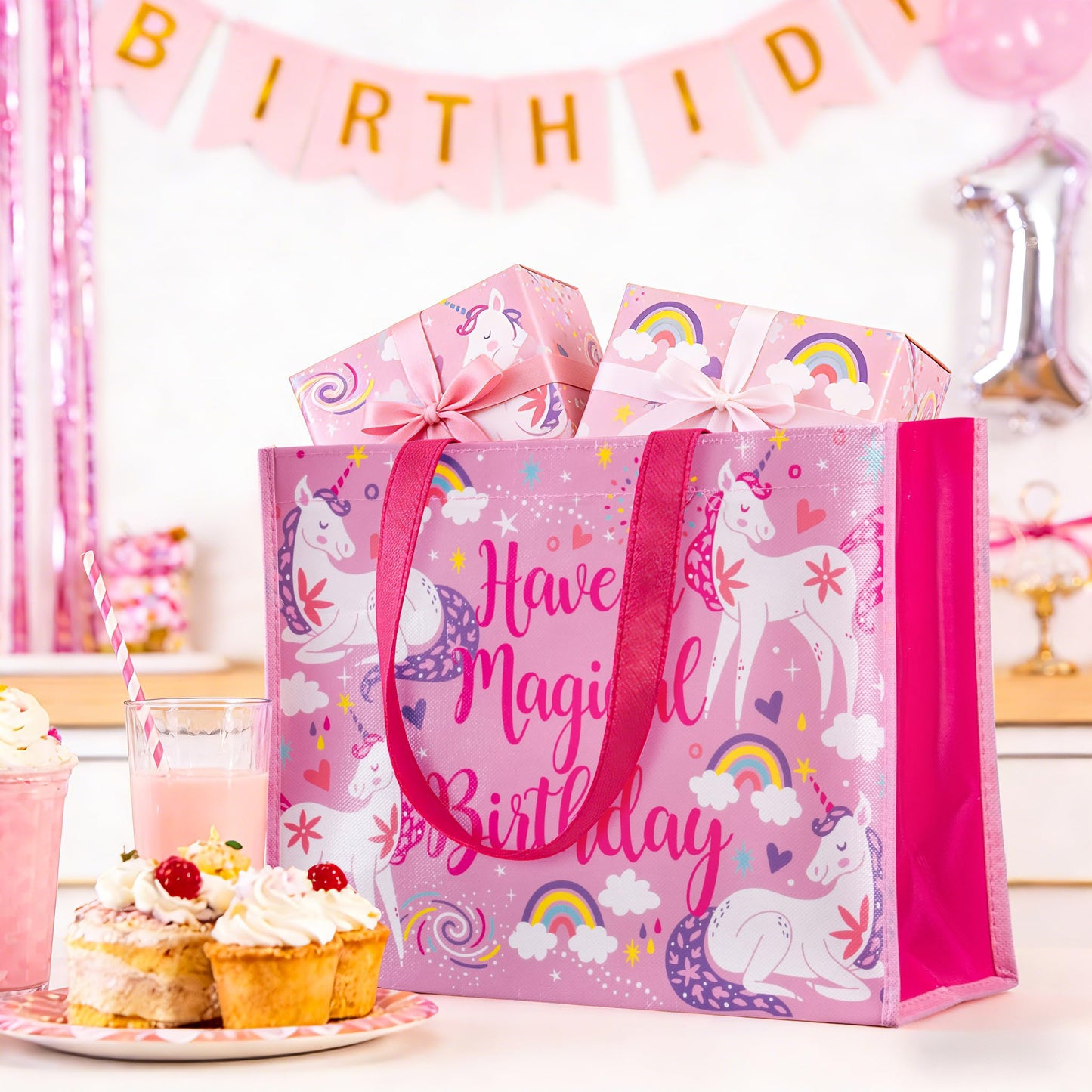 WRAPAHOLIC Large Reusable Magical Unicorn Birthday Gift Bag with Handles - 10 x 5 x 13 inch - Pink Magical Bday Gift Bags for Girls Birthday, Baby Girl Shower and Shopping