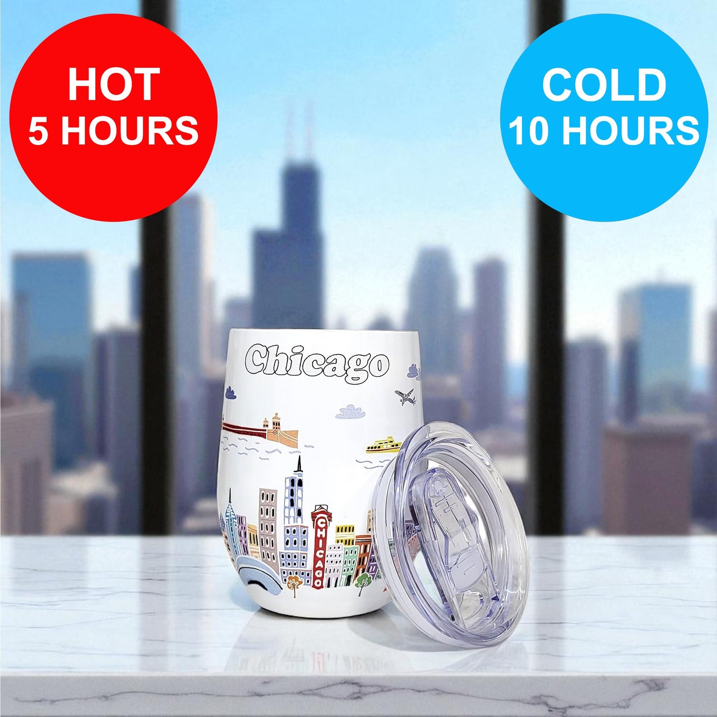 City Themed Artwork 12 Oz Tumbler Series - Designed in the USA - Vacuum Insulated Tumbler with Lids - Stainless Steel Wine Coffee Water Travel Mug, for Hot Cold Drink (Chicago)
